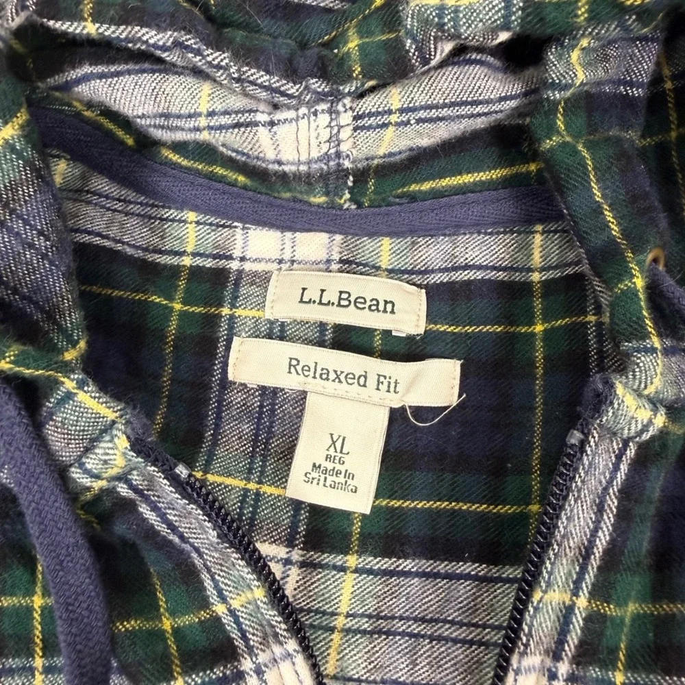 LL Bean Mens XL Green Blue Plaid Full Zip Flannel Hoodie Relaxed Fit Shacket